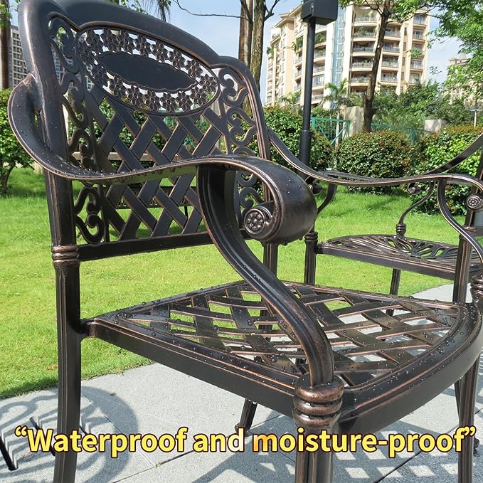 Outdoor Dining Chair Cast Aluminum Patio Chairs Set of 2 All-Weather Patio Dining Chair with Adjustable Feet for Backyard Garden (Slanted Grid Square Chair)