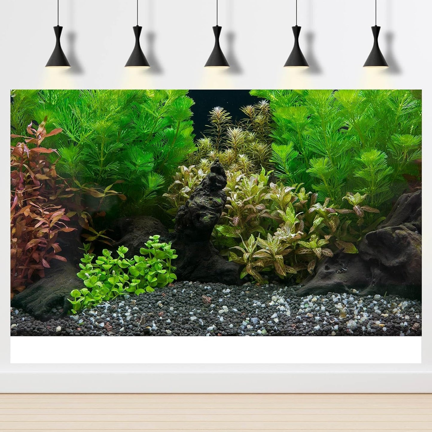 Aquarium Background Exquisite Underwater Grass Leaves with Pebbles Aquarium Backdrop Vivid Green Aquatic Plant Stone with Dead Woods and Fresh Leaves Fish Tank Wallpaper 48x18in