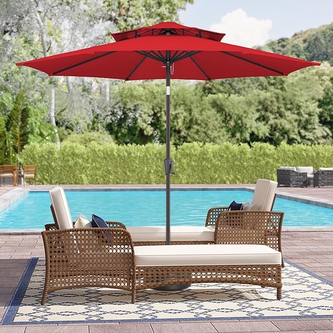 9ft Outdoor Patio Umbrella - 2 Tiers Table Umbrella Waterprool UV Protection, Sombrillas de Patio with Push Button Tilt&Crank, Sun Umbrella for Pool, Porch, Garden, Backyard(Red)
