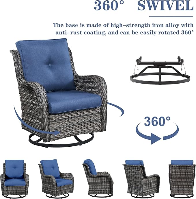 Outdoor Patio Furniture Set with Propane Fire Pit Table, 7 Pieces Wicker Patio Conversation Set with 2 Swivel Glider Rocker Chairs Rattan Sofa Blue Cushion Perfect for Casual Gathering Gray