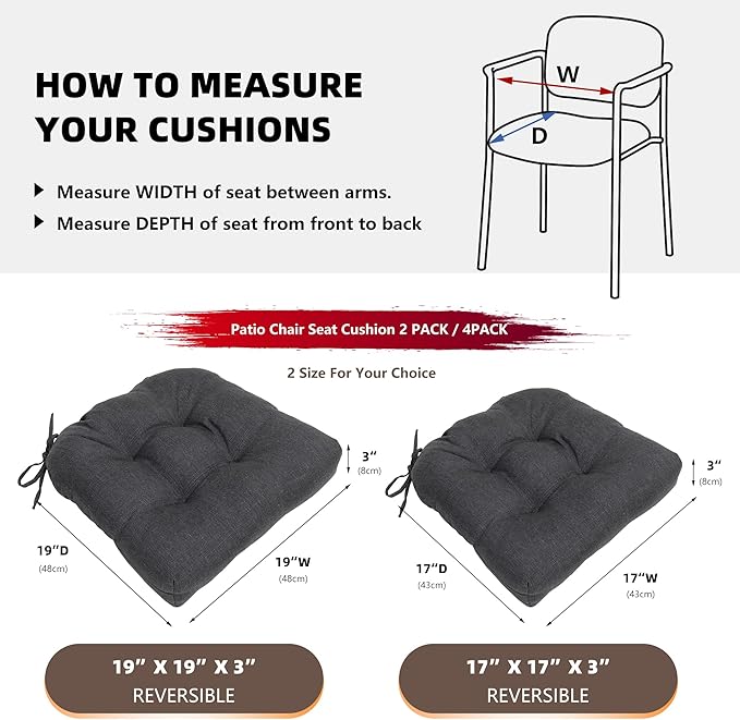 RACE LEAF 4 Pack Patio Chair Cushions 17x17 Inch, Thickened Waterproof Cushions with Stain Resistant Cover and Non-Slip Ties for Patio Furniture (Gray)