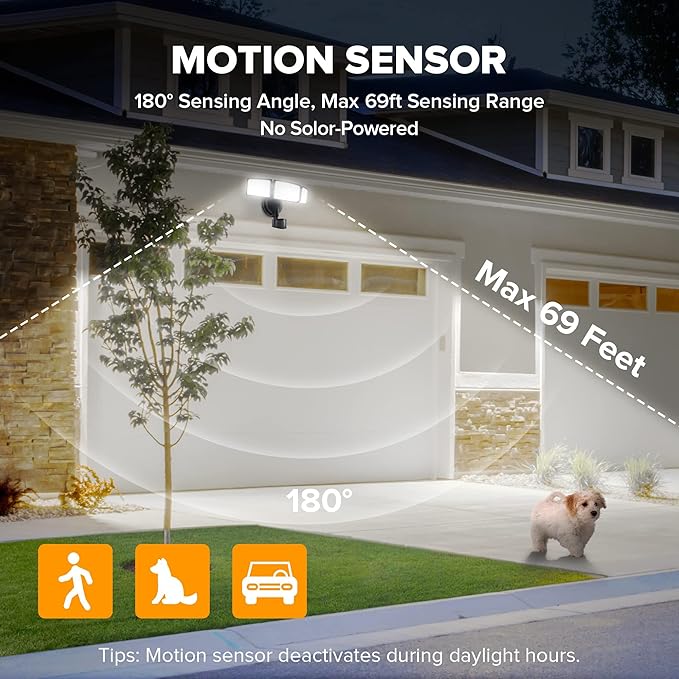 LUTEC 72W 7500LM LED Security Lights Motion Sensor Light Outdoor, 5000K Daylight, IP65 Waterproof, Dusk to Dawn, 3-Head Motion Detected Flood Light for Garage, Yard, Porch(Black)