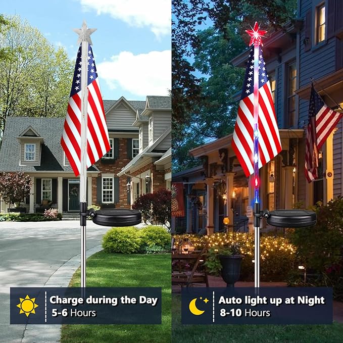 4th of July Decorations Outdoor Solar Lights, 2 Pack Red White and Blue Star Lights for National Day with American Flag, 2 Modes Waterproof Solar Patriotic Light for Independence Memory Day Yard Path