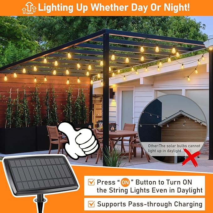 150FT Solar String Lights for Outside, Solar Powered Patio Lights with 52 Shatterproof ST38 Edison Bulbs & Remote Control,Dimmable LED Solar String Lights for Outside Waterproof
