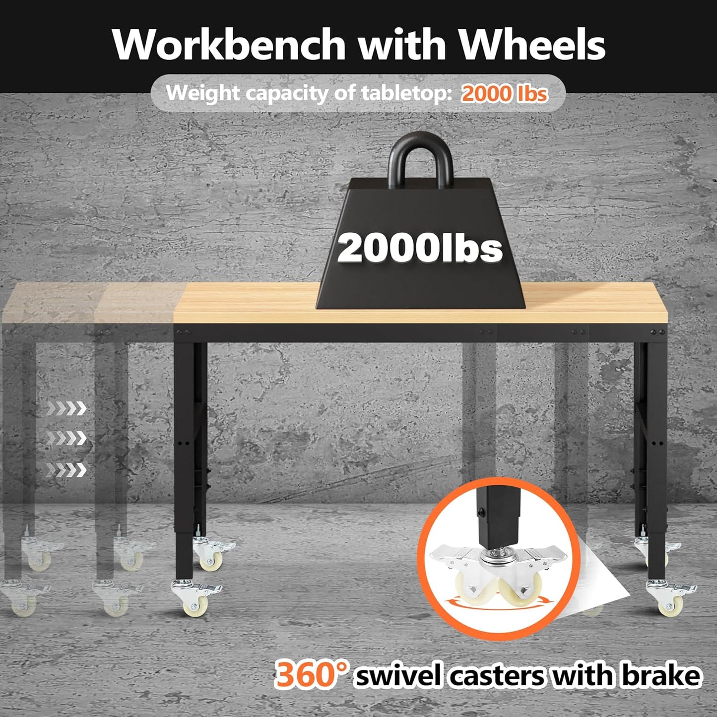 60” Adjustable Workbench，Heavy Duty Wood Work Bench 2000 Lbs Load Capacity,Work Table with Power Outlet and Wheels for Garage, Workshop, Office, Home