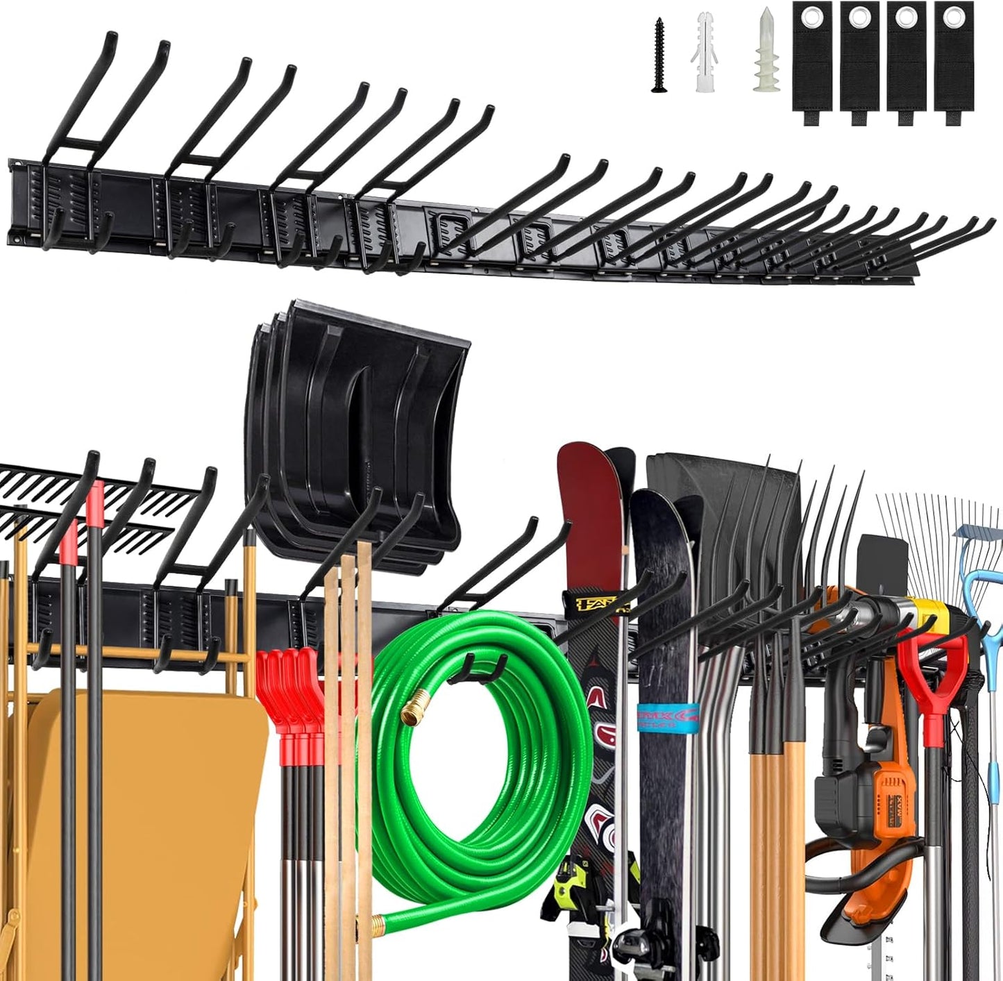 96 Inch Wall Mount Garden Tool Organizer, Garage Storage, Adjustable with 12 Heavy Duty Hooks and 4 Cable Ties, Max Load 960lbs, Black Iron, 96 x 1 x 4 Inches