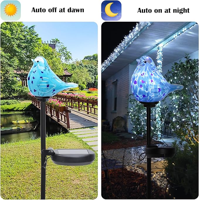 Afirst Decorative Solar Lights Outdoor Solar Bluebird Stake Lights Hand Blown Glass Decorative Garden Pathway Lights Outdoor Waterproof Glass Stakes