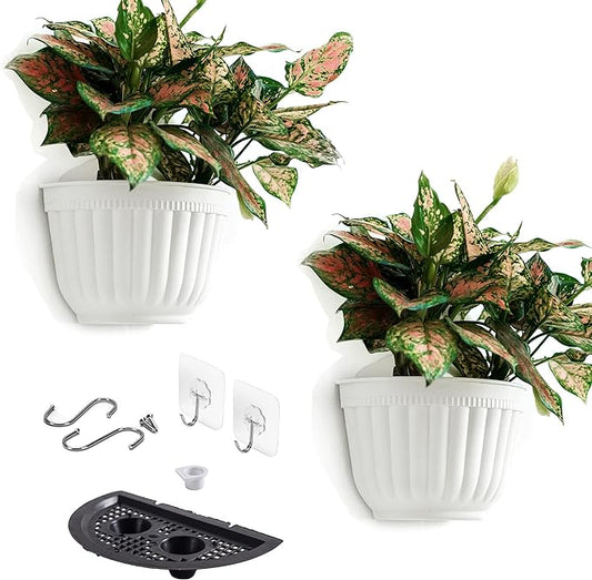 2 Pack Resin Wall Hanging Planter Pots Vertical Garden Living Wall Mount Window Hang Box Container Indoor Outdoor for Plants Flowers Kitchen Herbs Holder with Drainage Water Reservoir Decor White