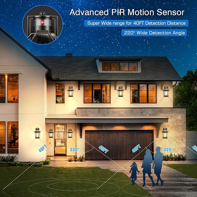 VIANIS Motion Sensor Outdoor Wall Lantern, Black Waterproof Dusk to Dawn LED Exterior Wall Sconce, Anti-Rust Aluminum Modern Outdoor Lights Fixtures Wall Mount for Porch, Entryway, Garage, Front Door