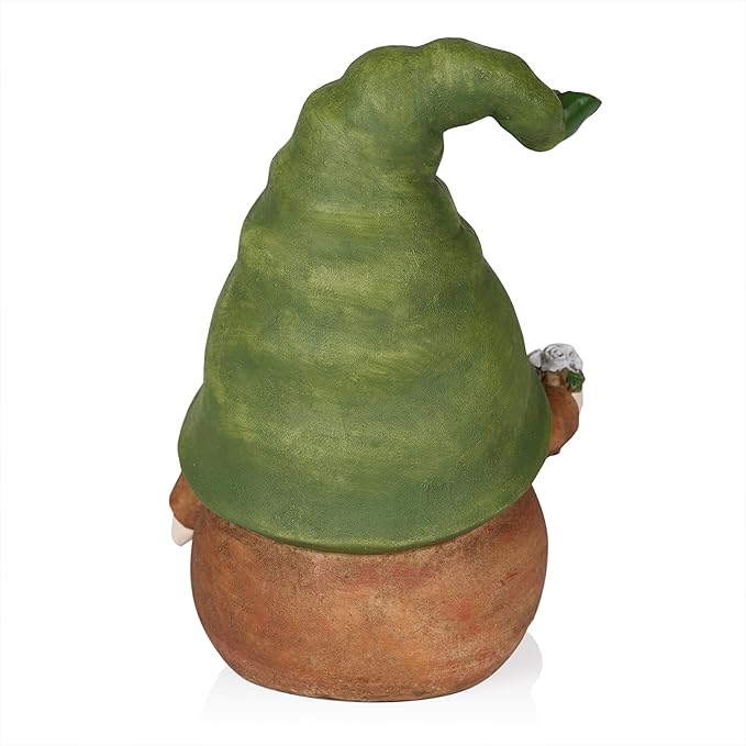 Alpine Corporation QWR1442 Gnome with Green Hat Holding a Flower, Playful Décor for Garden, Patio, & Lawn, 10" H, Multicolor