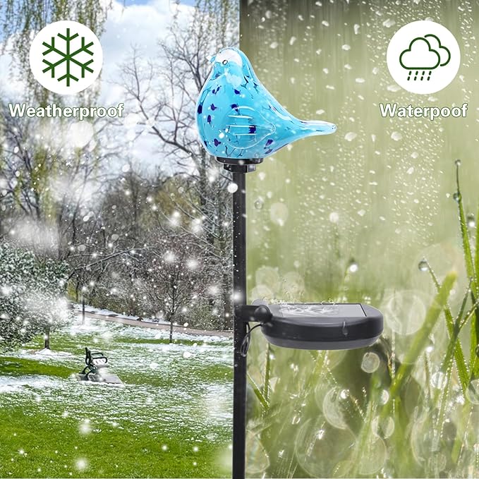 Afirst Decorative Solar Lights Outdoor Solar Bluebird Stake Lights Hand Blown Glass Decorative Garden Pathway Lights Outdoor Waterproof Glass Stakes