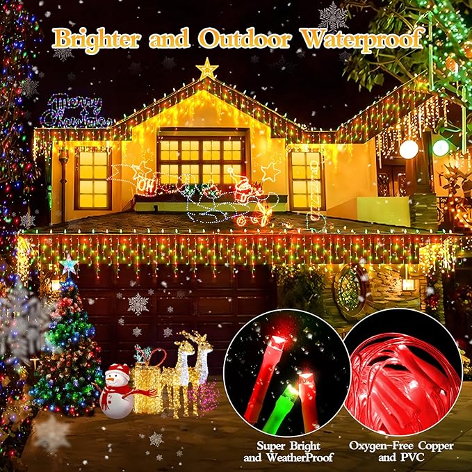 480 LED 49FT Christmas Lights Plug in 8 Modes with Timer Dimmable Christmas Decorations Outdoor Waterproof Indoor Curtain String Lights for Roof Porch Garden Holiday Wedding Party Decor Red + Green