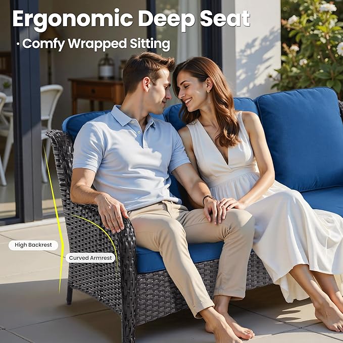 ovios 8 Pieces Patio Furniture Set, Outdoor Wicker Sofas with 2 Chairs, 4 Ottomans and Comfy Cushions, All Weather High Back Couch Set for Deck Porch, Brown Rattan, Navy Blue