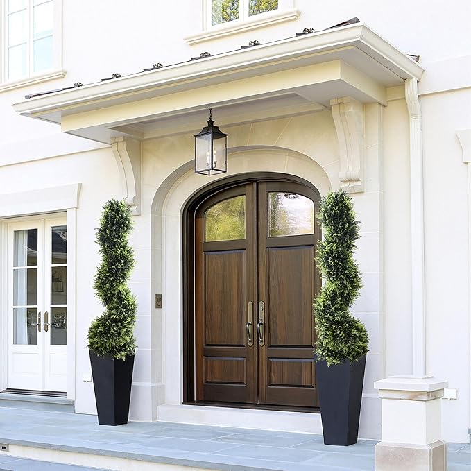 39 inchBoxwood Artificial Cedar Spiral Topiary Trees – Decorative Fake Greenery in Planter Pots for Front Porch, Outdoor Walkway, Entryway Decorating, Set of 2