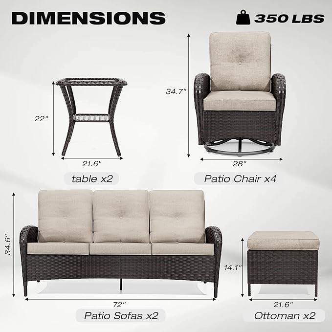 Joyside 10 Piece Patio Furniture Set, Outdoor Wicker Conversation Sets with Swivel Rocker Chairs and Sofa, Thick Cushion, Rattan Patio Sectional for Porch, Deck Use (Brown/Beige, 10 PCS)