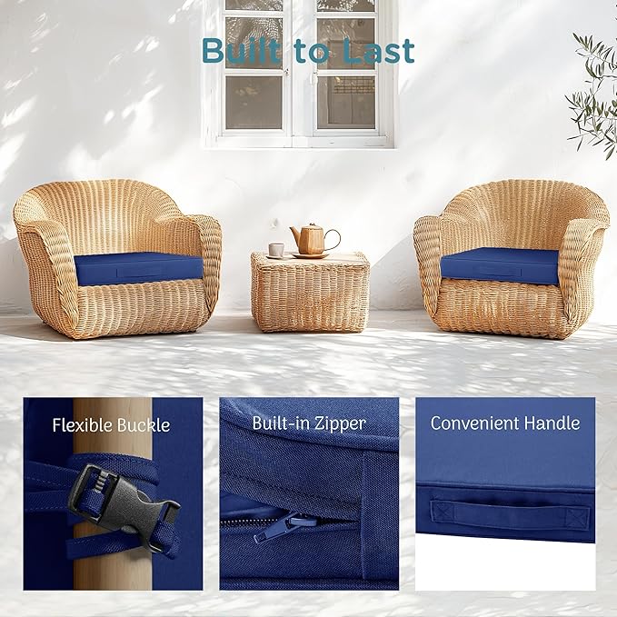 Codi Outdoor Seat Cushions for Patio Furniture 22x22 Inch, Waterproof Chair Cushion with Handles & Adjustable Straps, Fade Resistant - Set of 2, Navy Blue