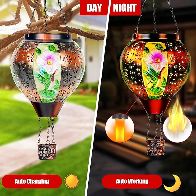 2 Pcs Hummingbird Solar Hot Air Balloon Lantern with Flame, Hot Air Balloon Decorations for Yard Porch Decor, Glass Large Hanging Outdoor Decor, Solar Lantern Waterproof, Hummingbird Gardening Gifts