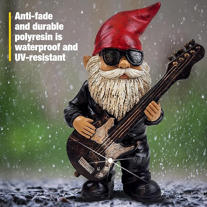 Better Office Products Garden Gnome Statue, 8" Height, Handcrafted Waterproof, UV-Resistant Polyresin Lawn Patio Porch Ornament Decoration (Rock Star with Solar Light)
