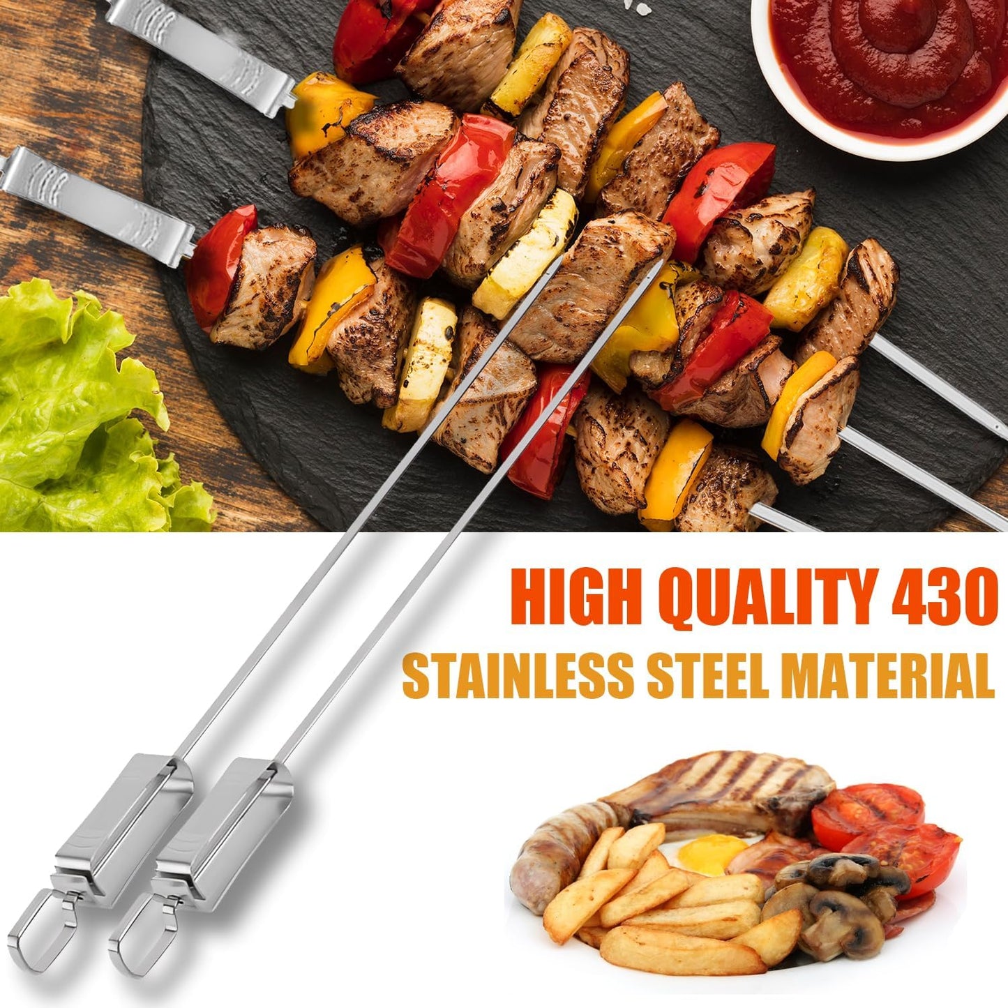 BBQ Skewers, Premium 304 Stainless Steel BBQ Skewers,15 Inch Heavy Duty Metal Kabob Sticks for Grilling, Reusable & Dishwasher Safe (Single fork8)