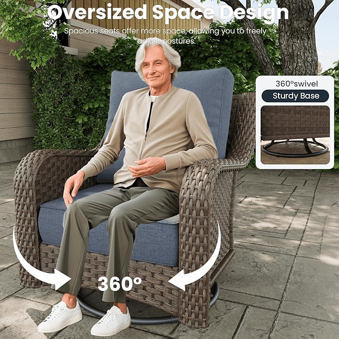 5 Pieces Outdoor Patio Furniture Sets with Rocking Swivel Chairs with 6-inch Thick Cushion and Fire Pit Table for Deck Lawn