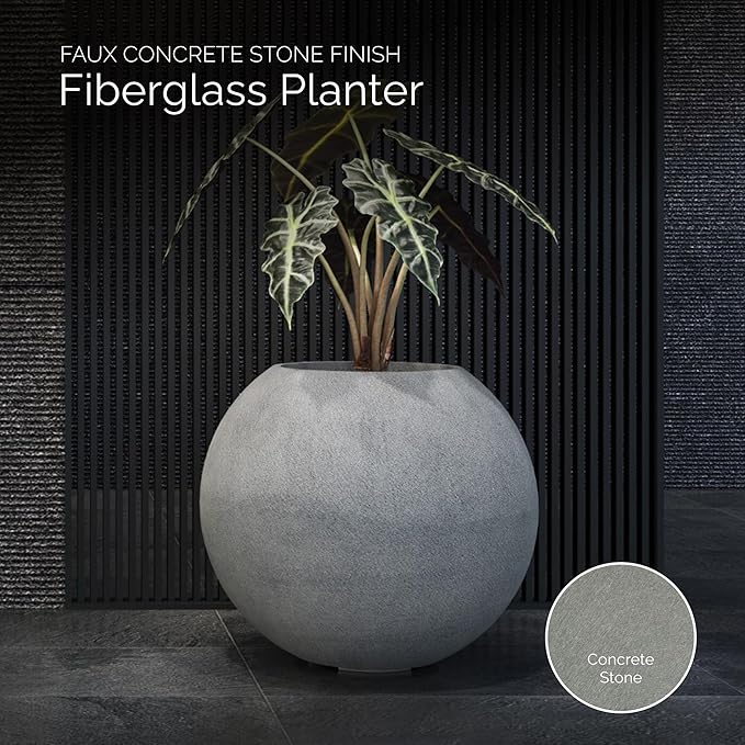 Orbo Globe Sphere Planter – Concrete Stone Finish – Fiberglass Indoor/Outdoor and Weather-Resistant Round Planter (23.6" D x 21.1" H Exterior, 23.2" D x 20.5" H Interior)