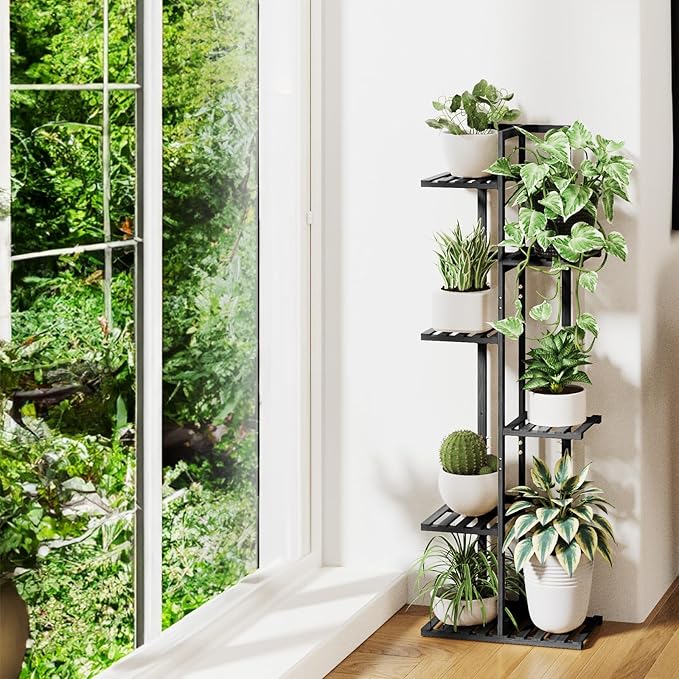 ROSSNY Plant Stand Indoor, 6 Tier 7 Potted Bamboo Plant Stands for Indoor Plants, Corner Plant Stand, Tiered Plant Stands, Plant Shelf For Indoor, 48 Inch Tall Planter Holder for Multiple Plants Indoor, Black