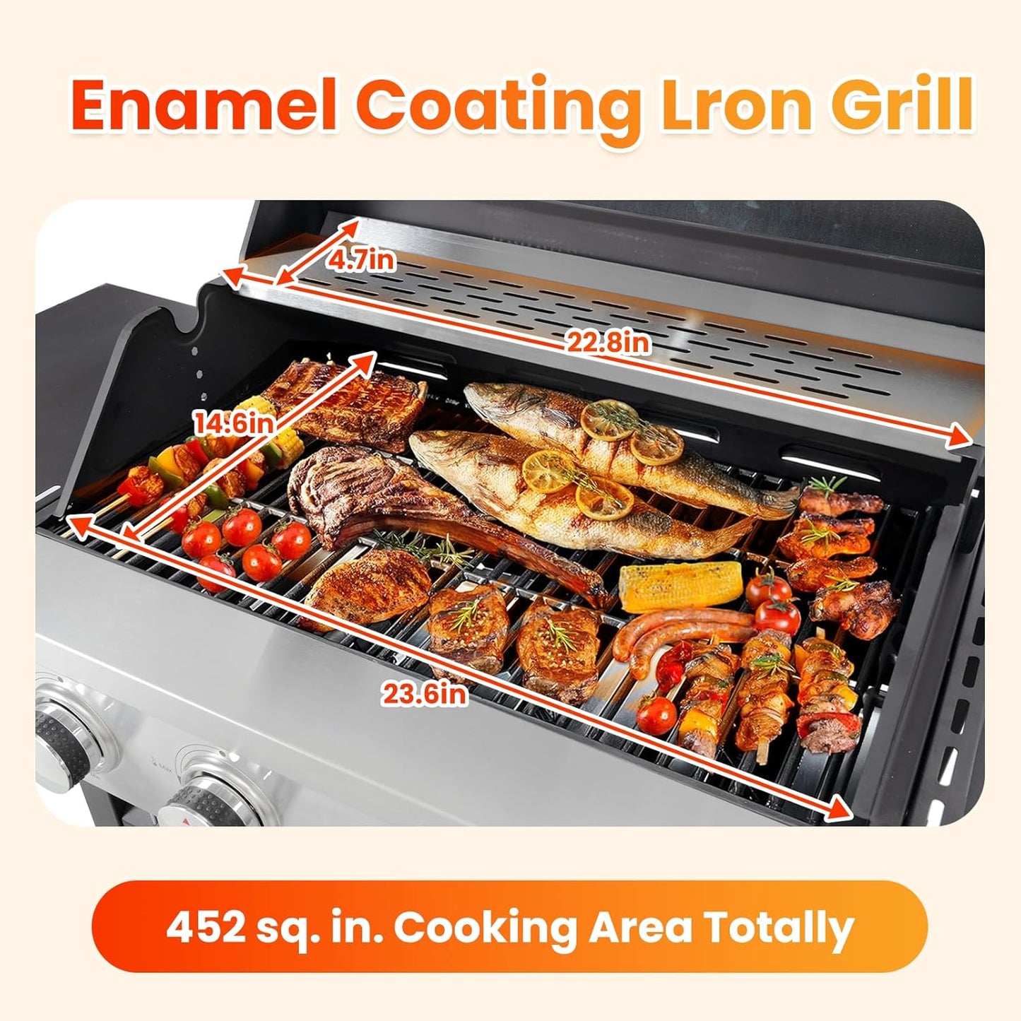 4-Burner Propane Gas BBQ Grill with Side Burner, Porcelain-Enameled Cast Iron Grates and Grills Cover, 51,000 BTU Stainless Steel Grill for Outdoor Camping Barbecue Grilling Backyard Cooking