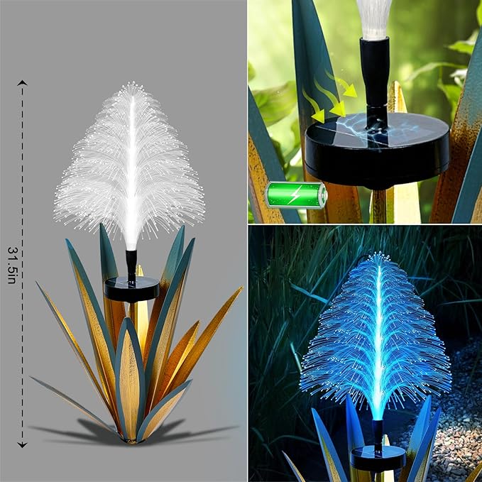 Homight Metal Outdoor Decoration Gift Christmas Decorations Outdoor Metal Agave Yard Art Garden Lights Solar Outdoor, 7 Color Changing Garden Yard Pathway Xmas Decor Waterproof (2 pcs Blue)