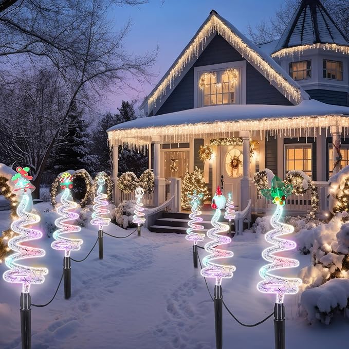 8 Pcs Solar Christmas Garden Stake Lights 8 Mode Yard Landscape Path Lights Xmas Solar Christmas Decorations Outdoor Waterproof Pathway Decor for Outside Holiday Garden Patio