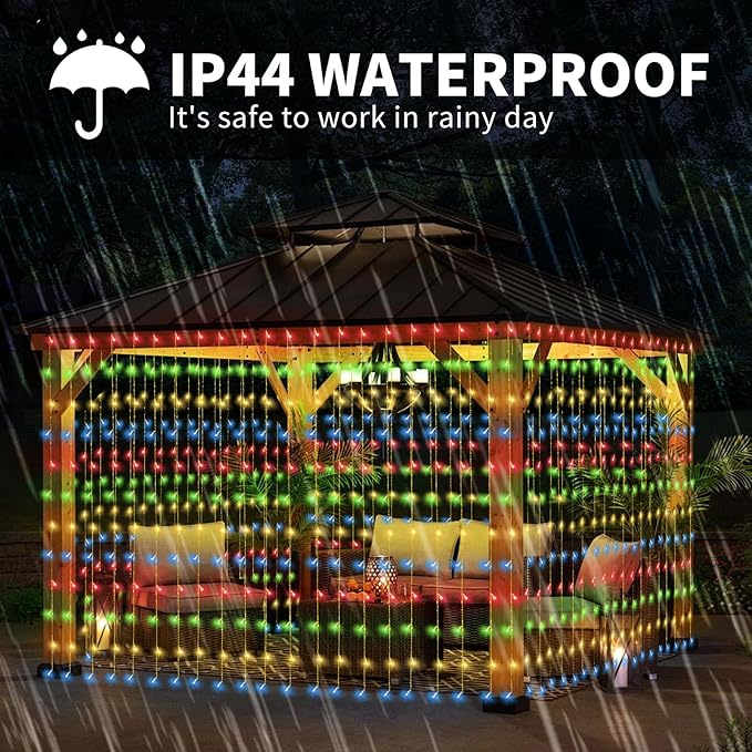 32.8 * 6.56FT Large Size Solar Curtain Lights Outdoor, 8 Modes String Icicle Lights, Garden Christmas Decortions for Patio, Gazebo, Eaves, Fence, Tree, Porch (Multicolor)