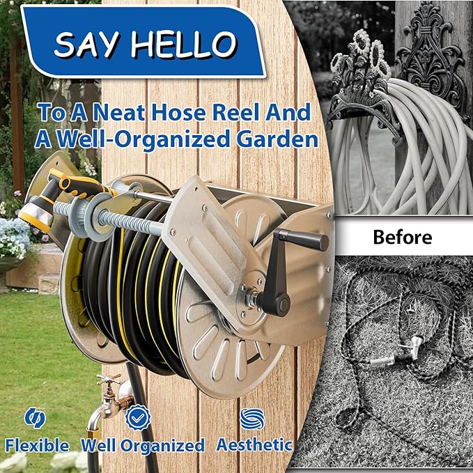 GREENER Stainless Steel Hose Reel for Outside,Wall Mount Garden Hose Holder Heavy Duty Metal Reel, 3/4" Solid Connector with 5/8" Inlet Hose and Crank,65-Feet 5/8" Hose Capacity