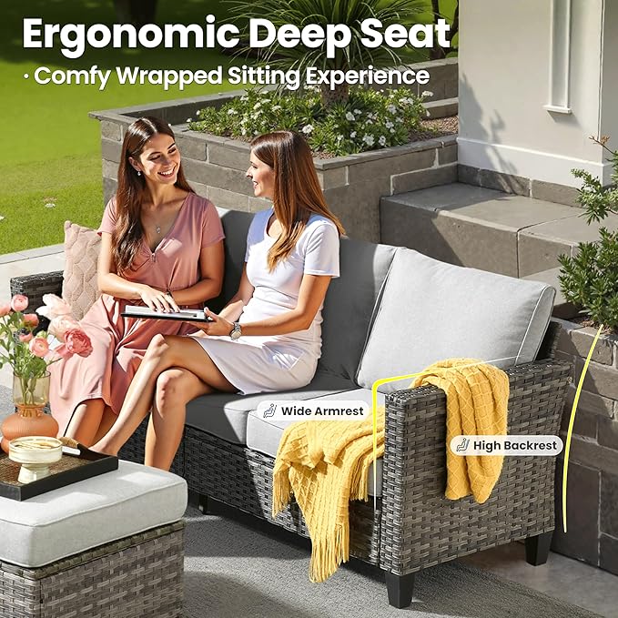 ovios 8 Pieces Patio Furniture Set with 30" Fire Pit Table, Outdoor Wicker Sofa with Comfy Cushions, All Weather High Back Rattan Couch Conversation Set, Grey