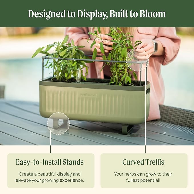 Vego garden 2 Pack Herb Indoor Plant Box, Self Watering Planters Pots for Indoor Plants with Trellis for Kitchen Window Sill or Countertop Plants Cage - Fog Gray