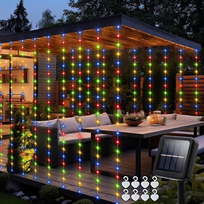 echosari Solar Curtain Lights 7.9ft x 6ft 144 LED Outdoor Curtain Lights Waterproof with Timer 8 Modes for Christmas Garden Patio Fence Wedding Wall Window Gazebo Decor - Multicolor