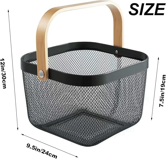 2 Pack Garden Harvest Baskets, Picnic Baskets with Durable Metal Mesh and Bamboo Handle, Perfect for Shopping, Gardening, Picnics, and Organizing