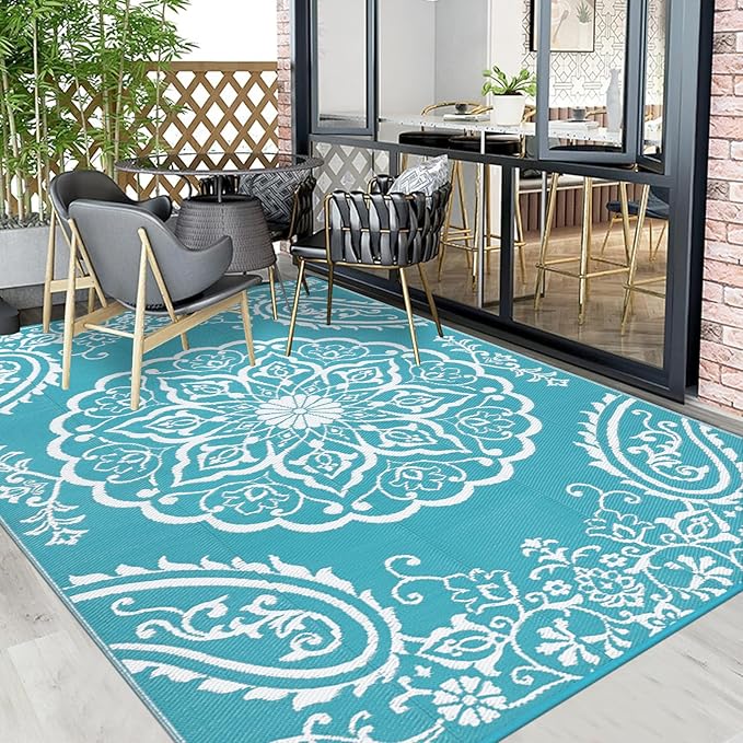 Pauwer Waterproof Outdoor Rug 9x12, Reversible Plastic Straw Patio Camping Rug, Indoor Outdoor RV Mat Carpet for Deck, Camper, Porch, Balcony, Backyard, Picnic, Boho Teal