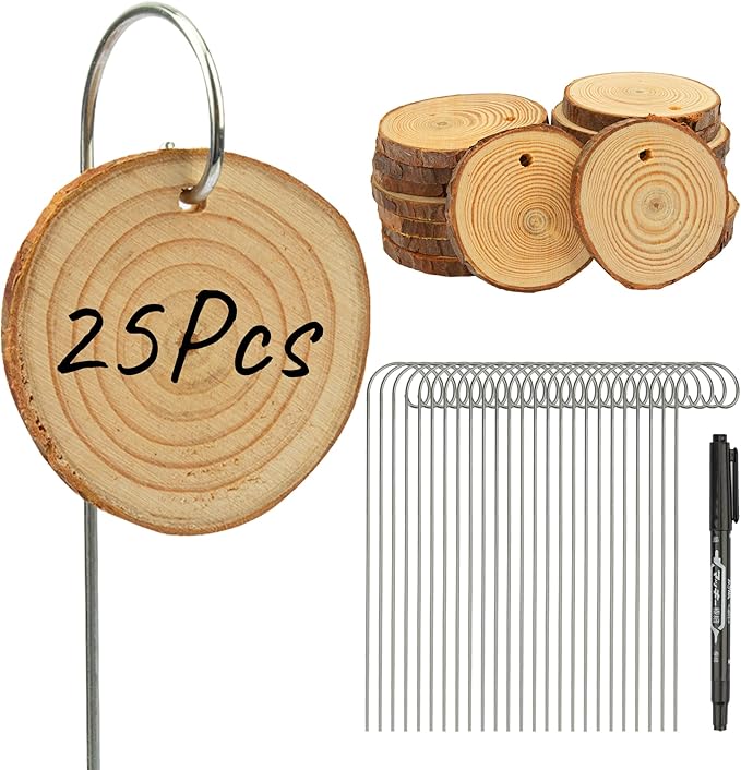 Temlum Wooden Plant Labels with Marker Pen, 25 Pcs Garden Markers Garden Label Stakes Plant Sign Tags for Flowers, Herbs, Potted Plants, Seed