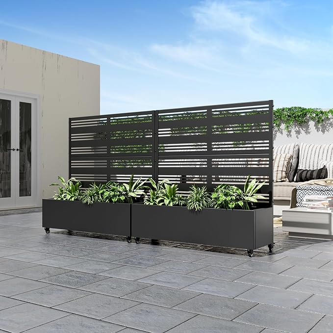 Casaphoria Metal Raised Garden Bed with Trellis and Wheels, 47"x47"x16" Planter Box for Climbing Plants, Vegetables & Vines, Features Drainage Holes and Privacy Screen (Black-Harold)