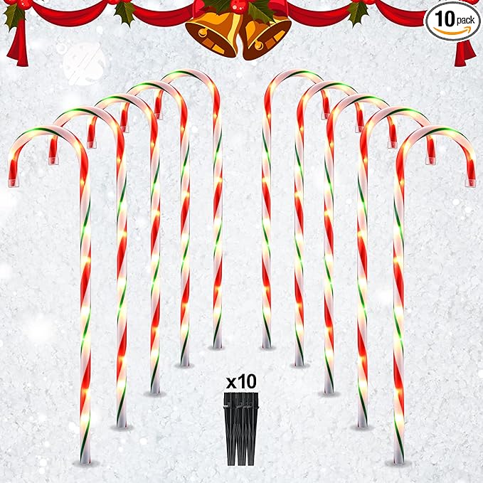 26" Candy Cane Lights Christmas Decorations - 10 Pack Pathway Markers Outdoor Yard Decorations, Candy Cane Lights for Walkway, Lawn, Garden, Xmas Indoor Ornaments, Red & Green (100 Lights Bulbs)