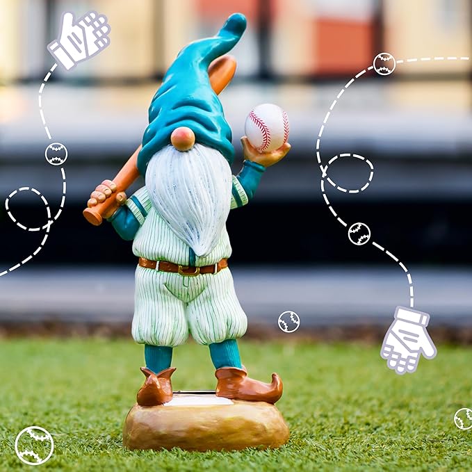 Baseball Garden Gnome with Solar Light Ball, Funny Gnomes 11.8" for Yard Decorations Outdoor, Garden Statues Outdoor Clearance, Solar Garden Statues