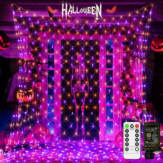 2 Pack Each 200 LED Halloween Net Lights Outdoor Waterproof 3M*2M Mesh Lights Fairy String Lights Plug in with Timer 8 Modes for Bush Window Fence Garden Yard Roof Wall Decor-Purple and Orange
