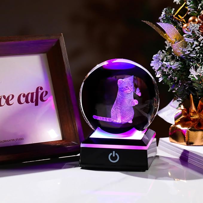 3D Cat Crystal Ball Cat Lover Gifts for Women 3D Cat Figurines Home Decor Cat Collectibles Snow Globes Gift for Girl Cat Lamp for Bedroom Unique Cat Gifts for Her