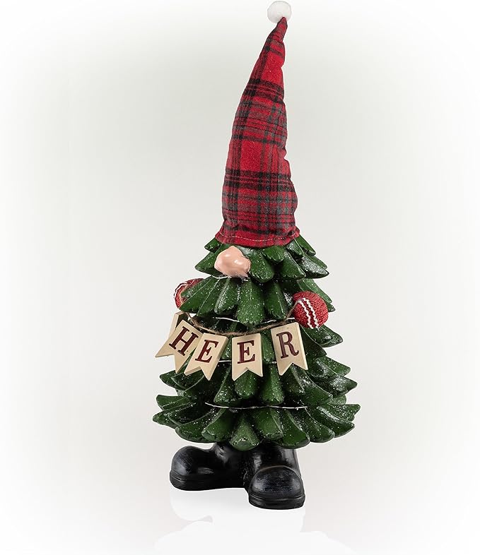 Alpine Corporation 28" H Polyresin Christmas Tree Cheer Gnome Decoration with Color Changing LED Lights, Christmas Decoration
