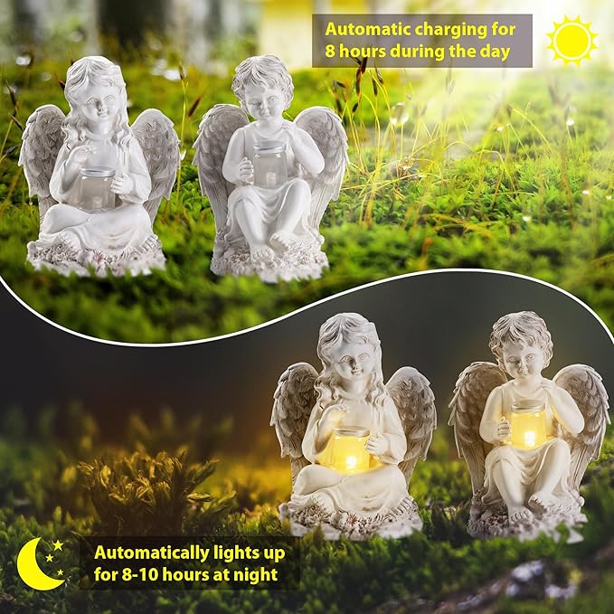 2 Pack Outdoor Angel Statue Garden Decor, Classic Solar Angel Figurine Decoration for Yard Art Indoor Porch Home Lawn Outside Light up Cherub Sculpture Guardian Wings Memorial Gifts