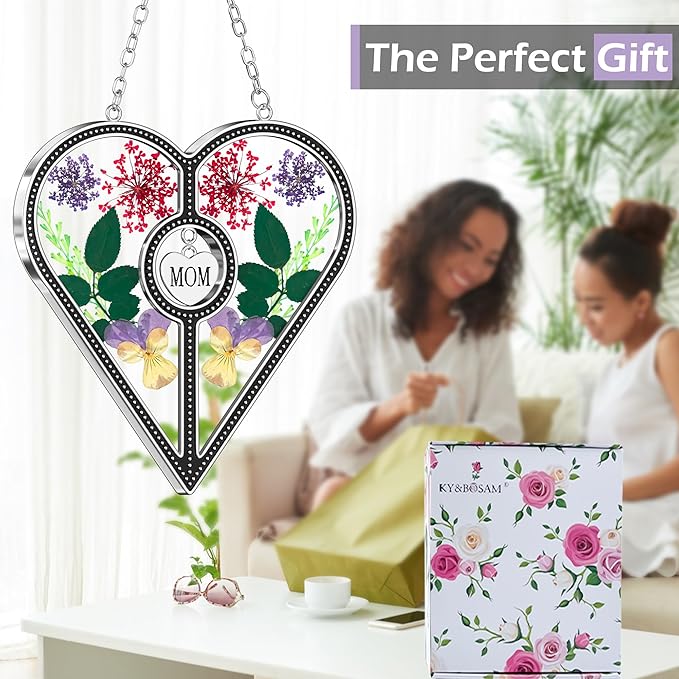 KY&BOSAM Heart Suncatcher Mom Stained Glass for Windows Hangings Wind Chimes with Pressed Flower Heart in Glass with Metal Trim Heart Charm Birthday Gifts for Women Mother`s Day Christams Home Decor