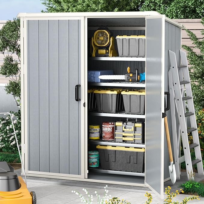 Aoxun Outdoor Storage Shed 5 x 3FT, Resin Shed with Floor and Lockable Door, Plastic Sheds for Garbage Can, Tool, Accessories, Lawn, Garden - Grey