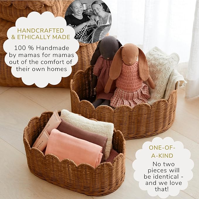 BEBE BASK Premium Scalloped Basket Set Of 2 - Scallop Basket - 16 x 10 x 7 Inch - Hand-Woven Elegant Wicker With Scalloped Edge - Nursery Storage (Mocca)