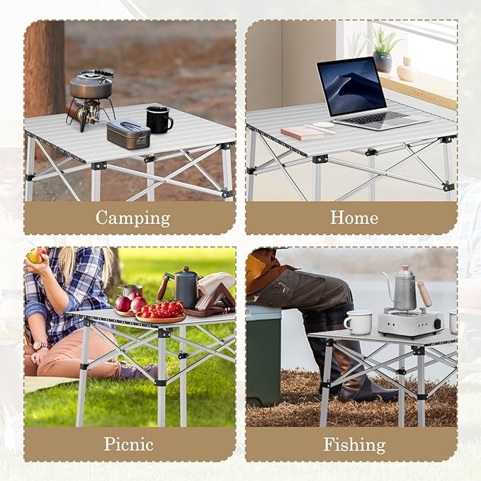 Athena Collection Foldable Camping Table, 28" Small Aluminum Outdoor Folding Camp Table with Roll Up Tabletop and Carry Bag, Lightweight and Portable for Outdoor Camping Picnic Grilling, Silver