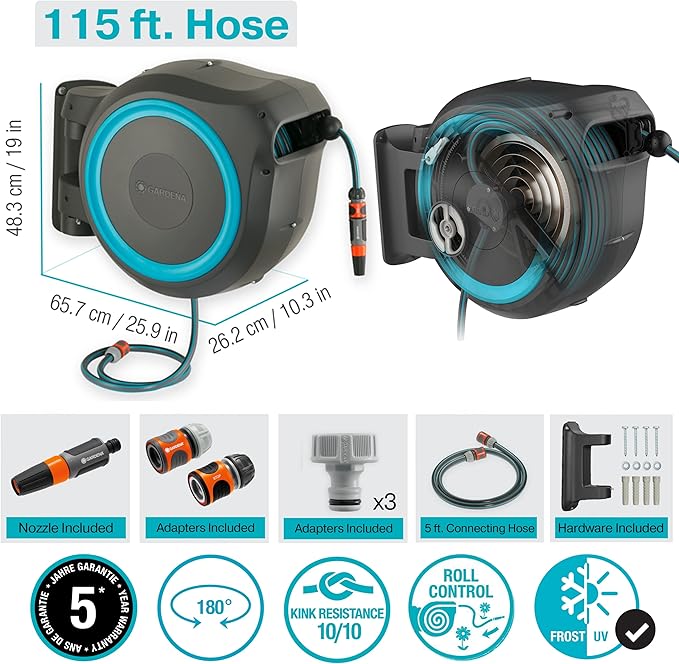 GARDENA (18630) Retractable Garden Hose Reel 115' x 1/2" Wall Mounted, Automatic Retraction & Length Lock for Easy Watering. Heavy Duty Swivel Bracket 180°, Includes Nozzle. Made in Europe