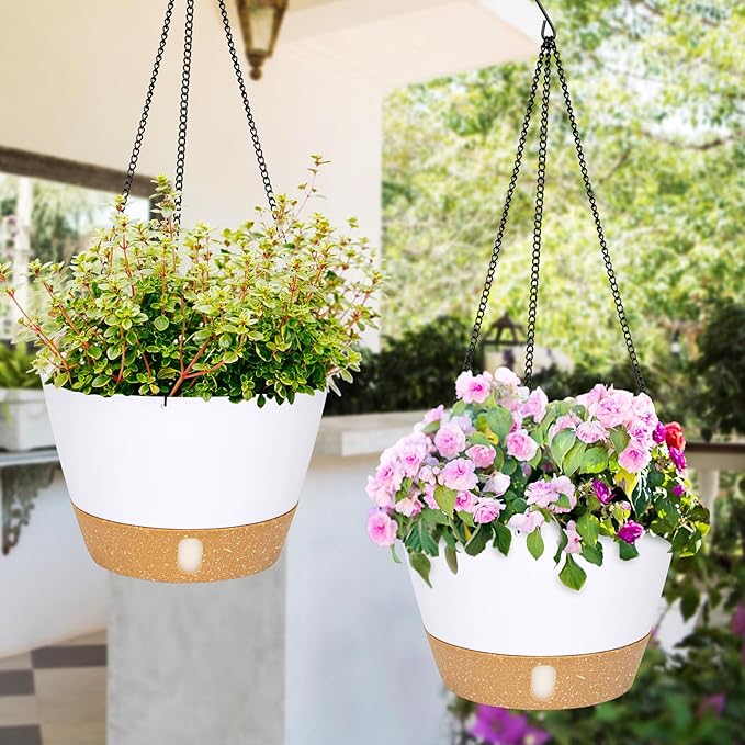 QCQHDU 2 Pack 8 inch Hanging Planters for Indoor Plants, Outdoor Hanging Baskets, Self Watering Pots with Drainage Holes & Removable Tray (White, 8 inch)